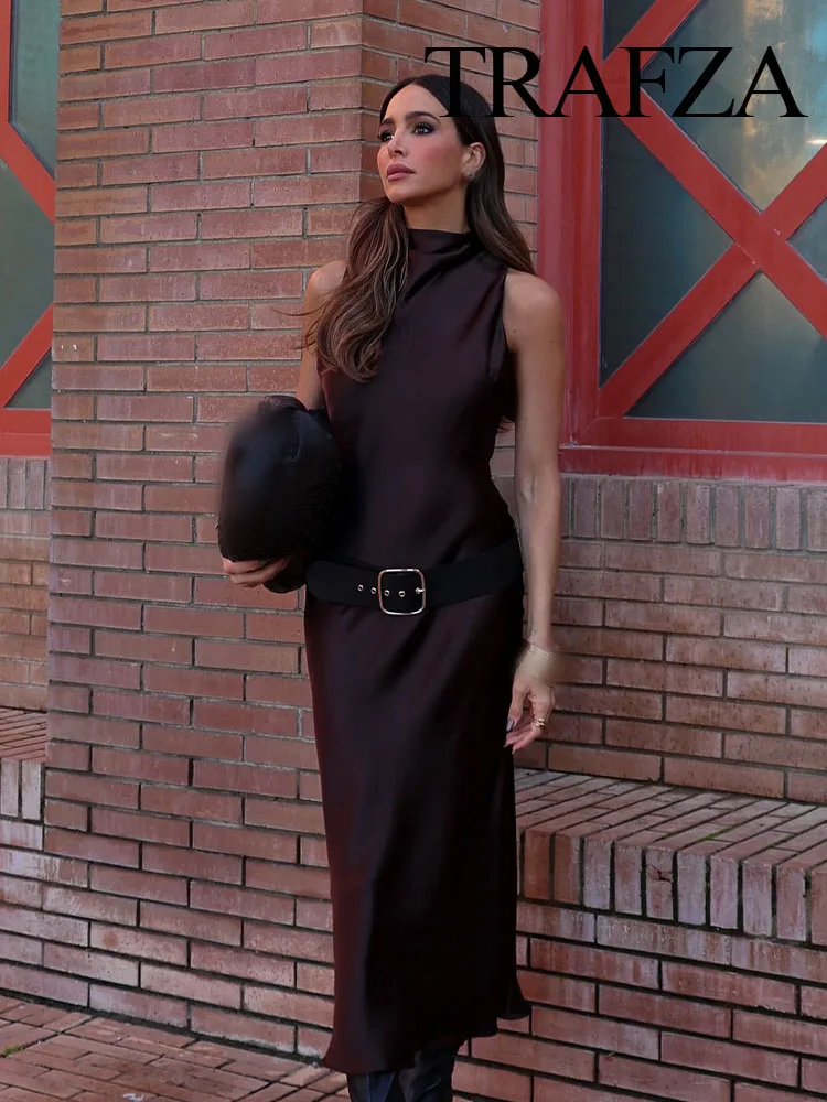 TRAFZA Female Summer Fashion Long Dress Solid O-Neck Sleeveless Hollow Out Button Belt Decoration Women New Elegant Dress 4