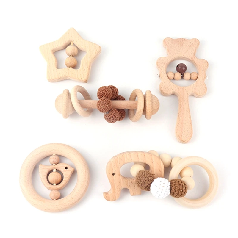 5 Pcs Baby Rattles Natural Wooden Teether Crochet Bead Bracelet Music Hand