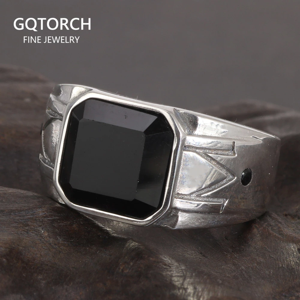 Anillo de Plata de 925 con piedra cuadrada de ónix negro Natural, de plata con diseño tallado Vintage Punk Simple para niños| Anillos| - AliExpress