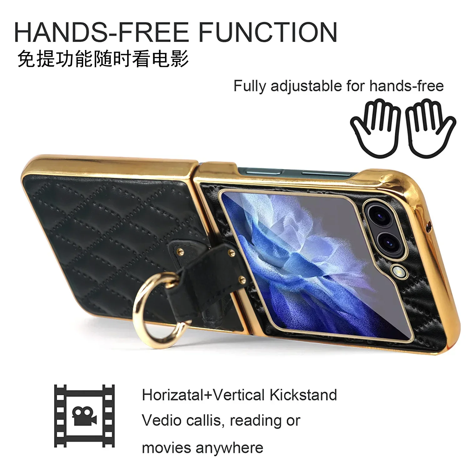 Leather Electroplating Case For Samsung Z Flip 5 Case Checker Style All-Inclusive Drop-Resistant Ring Bracket Protective Cover
