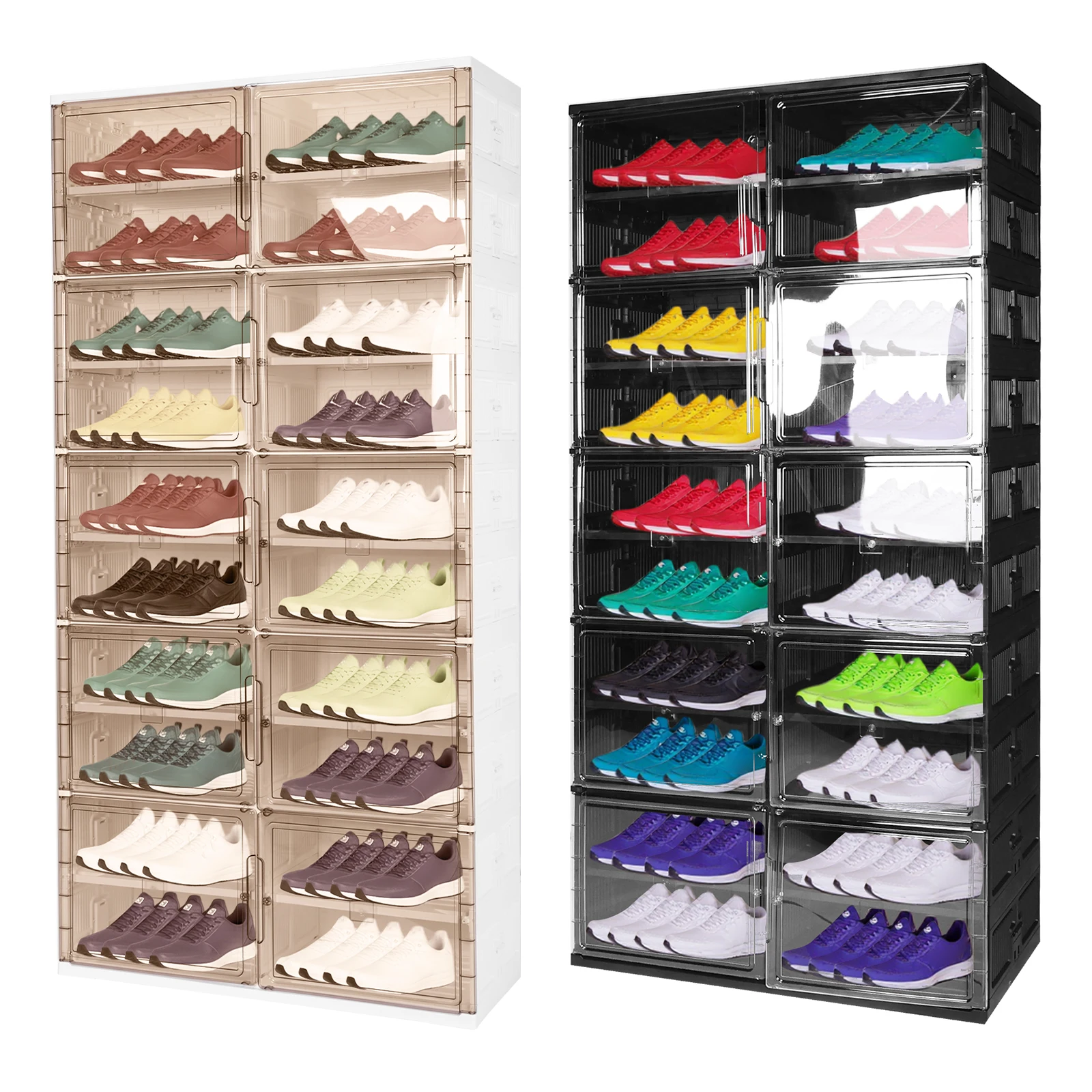 10 Tiers 40 Pairs Foldable Shoe Rack Organizer with Magnetic Door Collapsible Shoe Storage Box Plastic Shoe Cabinet for Entryway