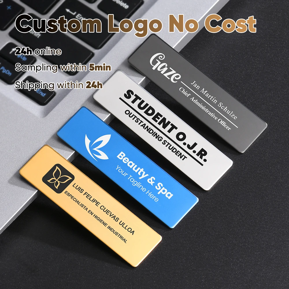 1PCS 무료 사용자 정의 70x20MM 브로치 핀 맞춤형 새겨진 텍스트 로고 비즈니스 ID 플레이트 철강 금속 태그 이름 배지