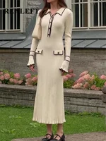 REALEFT Autumn Winter Elegant Knitted Long Ruffles Dressres 2025 New High Waist Buttons Turn-down Collar Sweater Dresses Female
