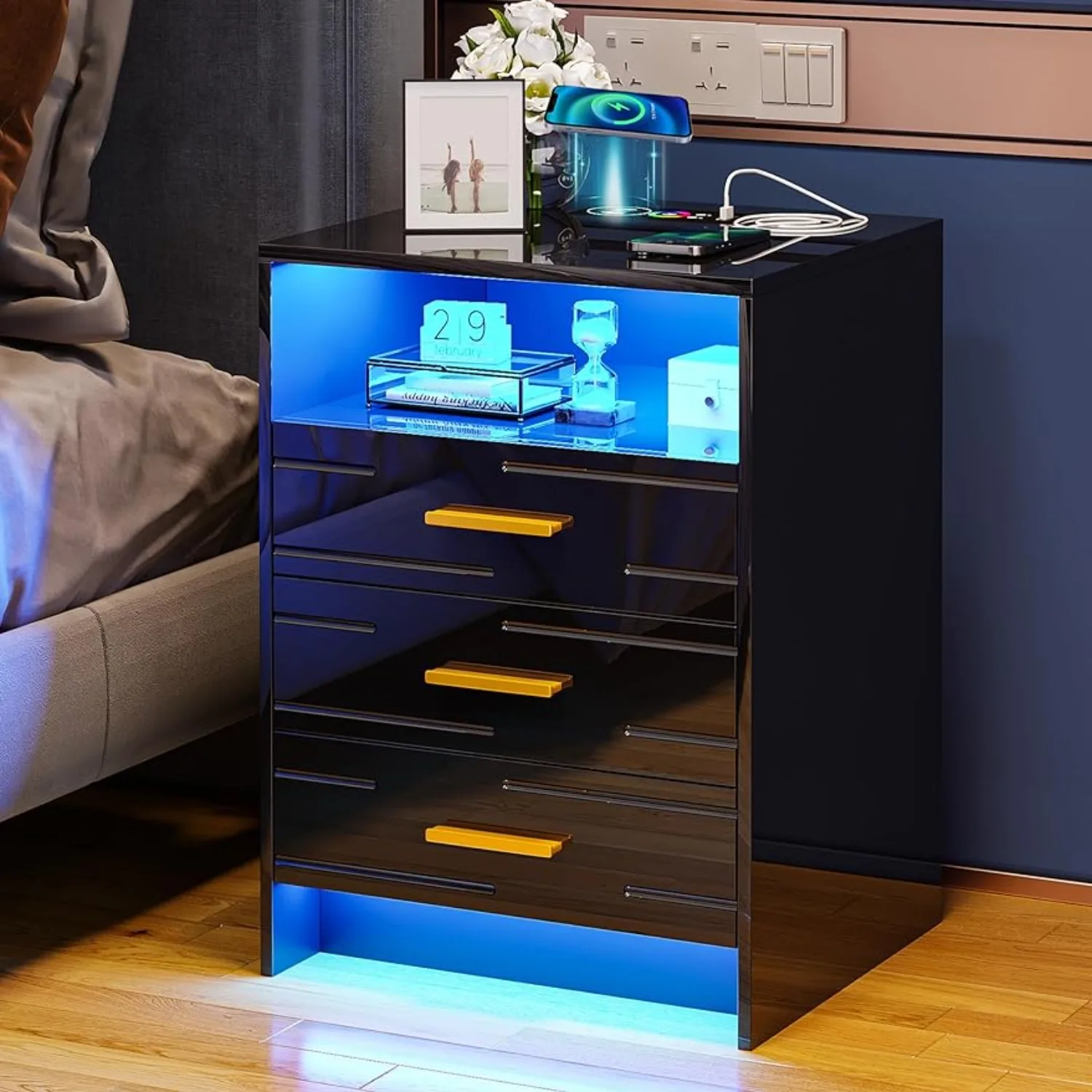 

Nightstand w/ Wireless Charging Station & Lights,Night Stand w/ 3 Drawers, End Sofa Tables has RGB Lights/USB&Type-C Ports