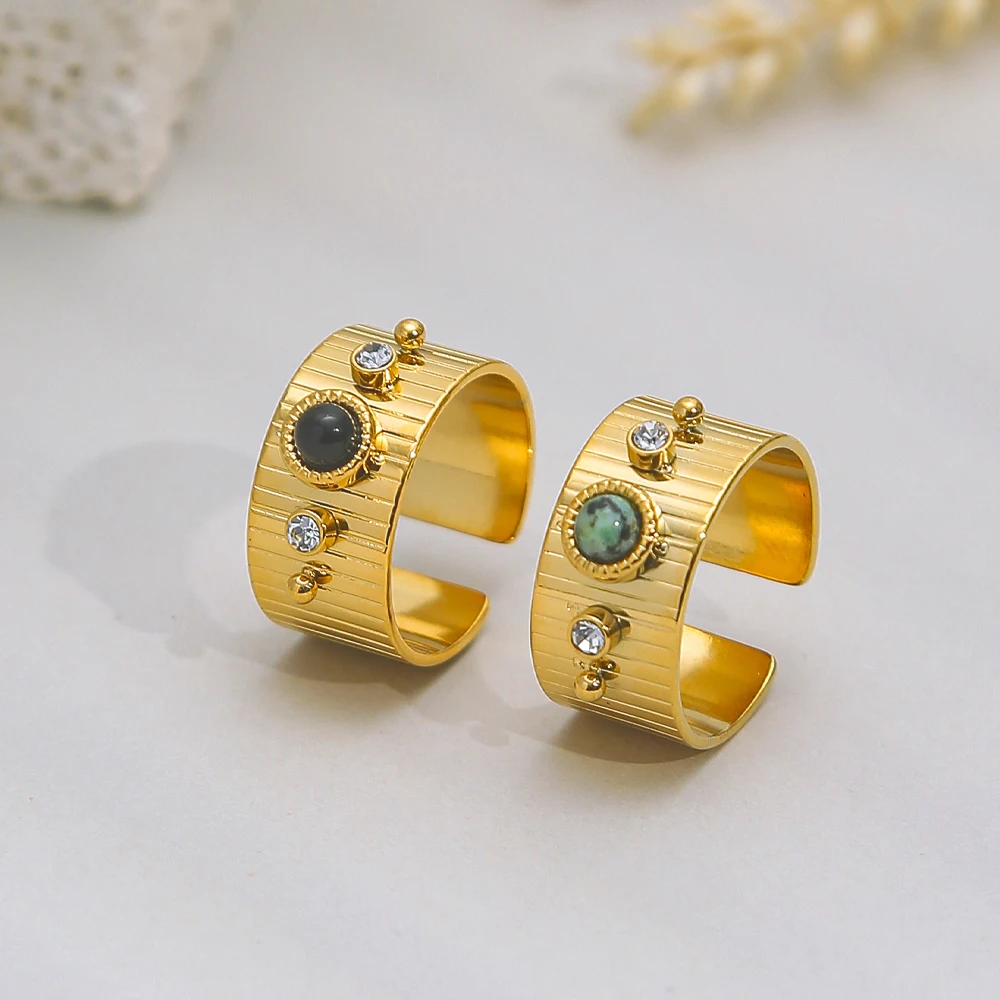18K Gold Plated Stainless Steel Rings for Women Natural Stone Zircon Luxury Aesthetic Wedding Jewelry