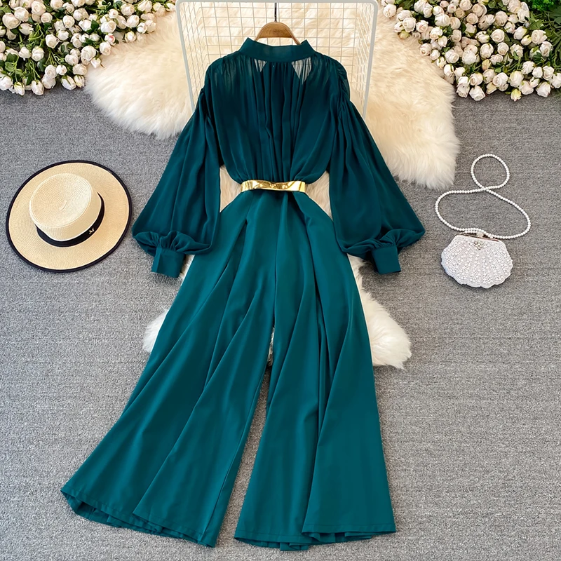 2023 Elegant Retro Jumpsuit High Waist Slim Summer Casual Wide Leg Trousers Stand Collar Lantern Sleeved Fashion Women Jumpsuits