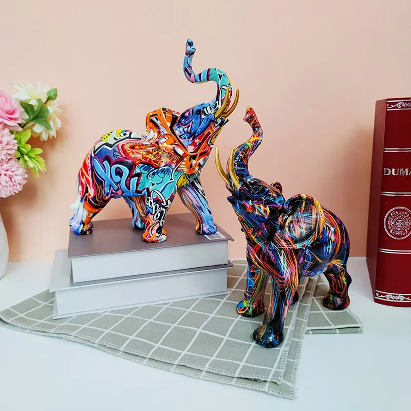 

Graffiti Colorful Elephant Figurines Creative Resin Art Craft Home Furnishing Room Decor Table Desk Ornament Animal Statue