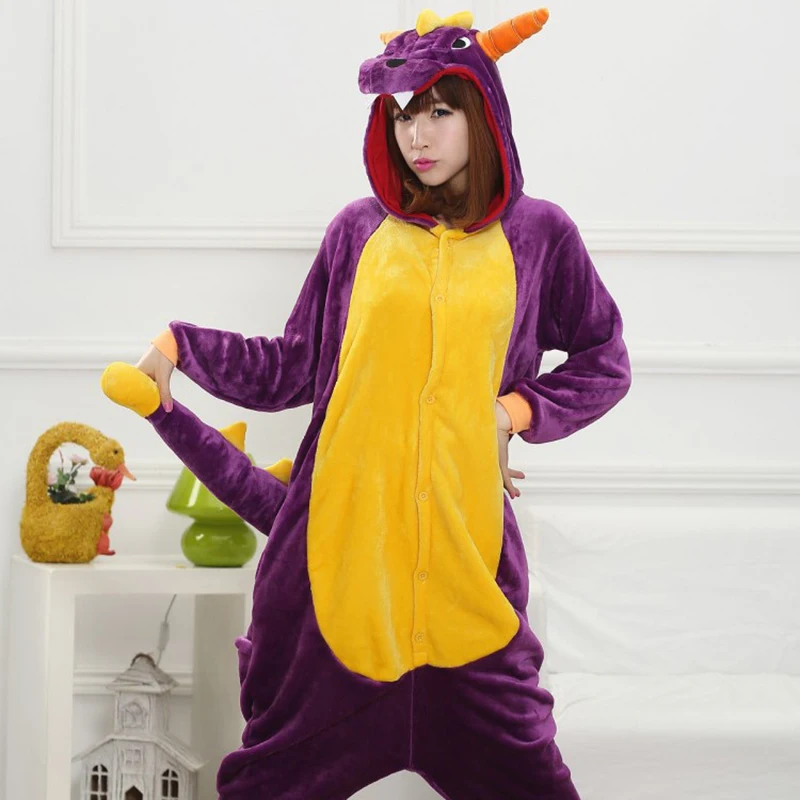 Purple Little Dinosaur Hooded Jumpsuit Pajamas Halloween Party Costume Animal Cosplay Kigurumi Clothing Plush Female Sleepwear