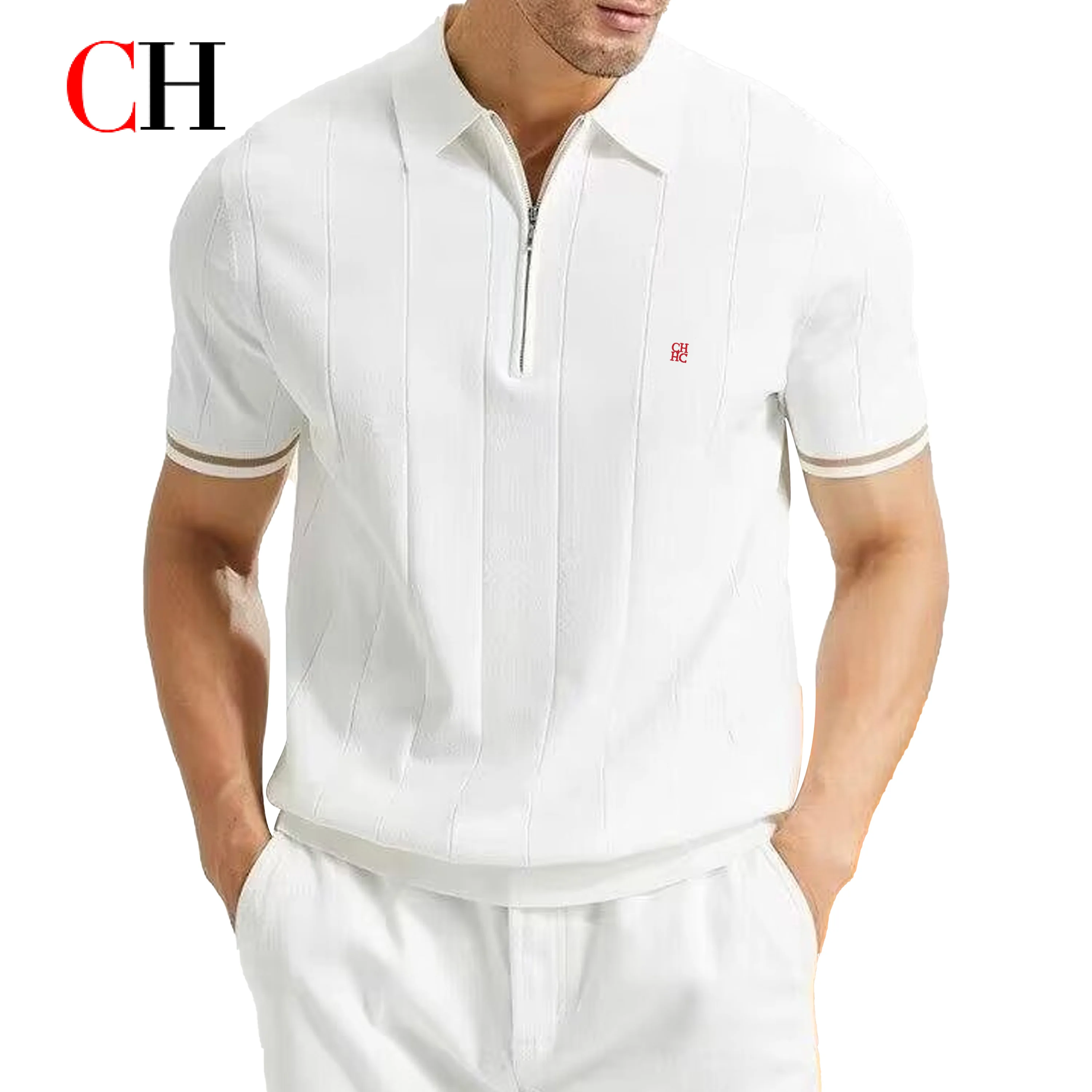 Polo en maille pour homme de luxe CH, col rabattu, demi-fermeture éclair, texture verticale, broderie logo rouge, tee-shirt d'été pour homme d'affaires élégant 1