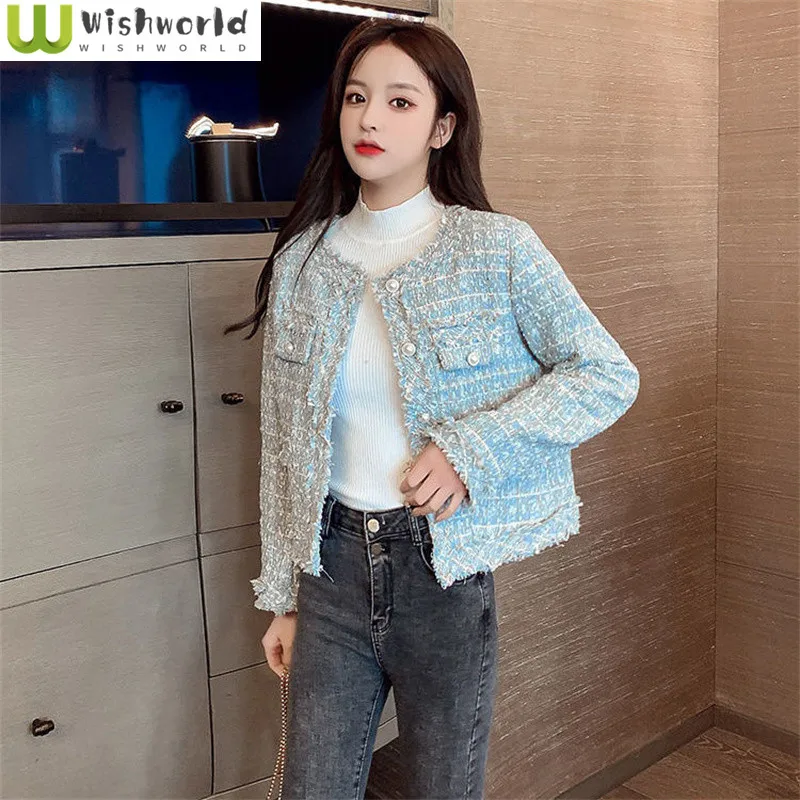 Korean Fashion Autumn New Style Tweed Long Sleeved Knitted Shirt Elegant Women's Jacket Plaid Patchwork Coat Top Clothing