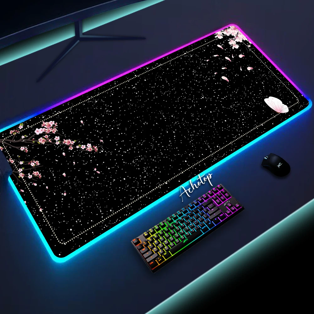 

Коврик для мыши Sakura с подсветкой, игровой коврик для мыши для настольного ПК, игровой настольный компьютер, коврик для мыши с цветами вишни, 900 × 400 мм, полноразмерный светодиодный ковер