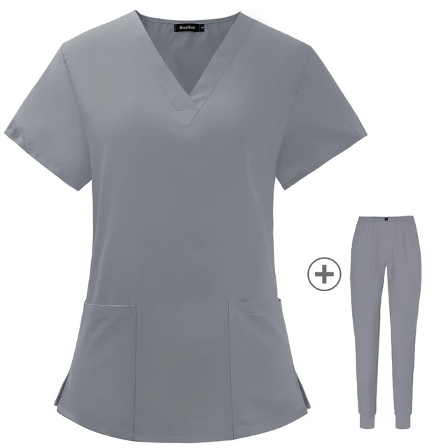 Operating Room Medical Uniforms Women Scrubs Clothes Sleeve V-Neck Workers T-Shirt Tops Summer Uniformes  Medical Accessories Grey