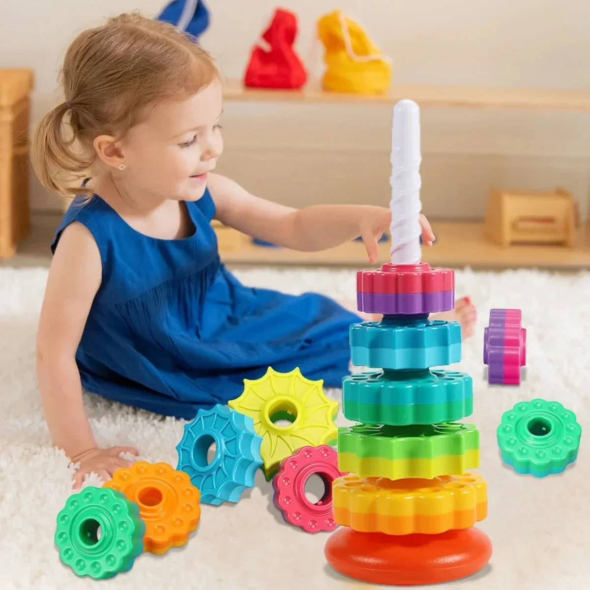 Children's Montessori Educational Sensory Toddler Spinning Rainbow Gear Stacking Toy Motor Skills Stacking Tower Children's Gift