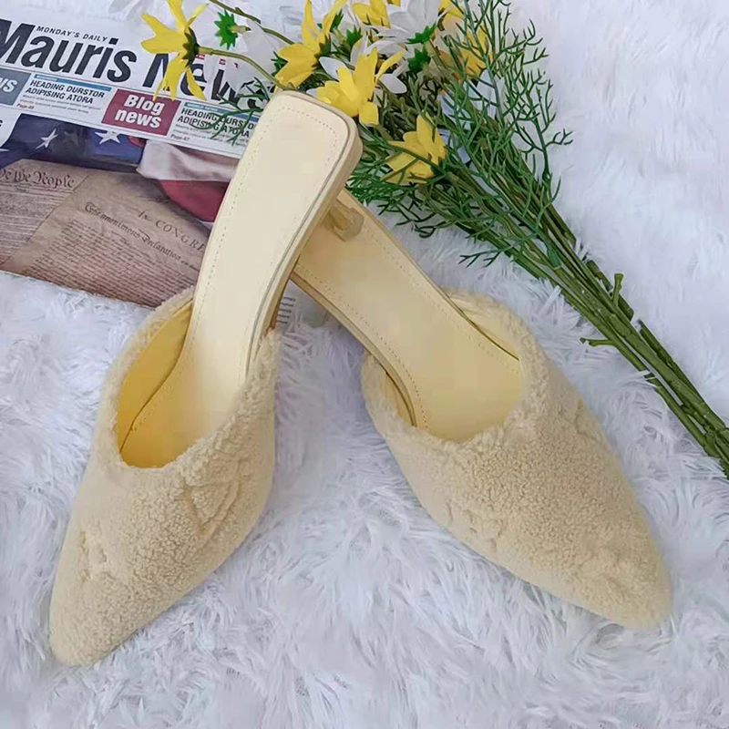 Spring Autumn Warm Short Plush Stiletto Women Slippers Pointed High Heels Fashion Soft Slip On Slides Shoes For Women Flip Flops