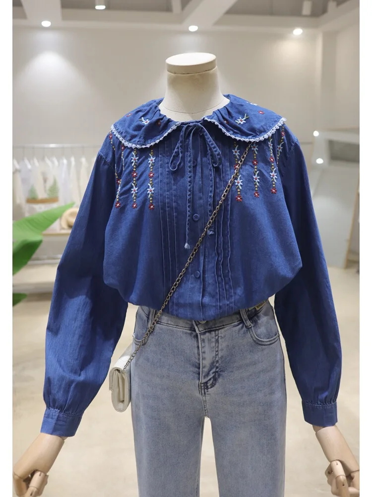 Fashion Exquisite Embroidery 2024 Spring Women Shirts Loose Comfort Slim Cotton Long Sleeve Single-Breasted Flower Shirts