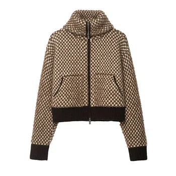 Women's Spliced knit Short Jackets Autumn Winter Stand Collar Long Sleeve Jackets Coats Streetwear Female Outerwear Chic Tops