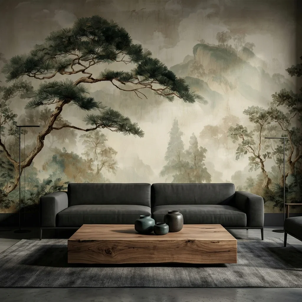 Papier peint personnalisé rétro japonais motif pin doré, peinture murale de style asiatique chinois, décoration artistique de jungle, peinture murale 3D 1