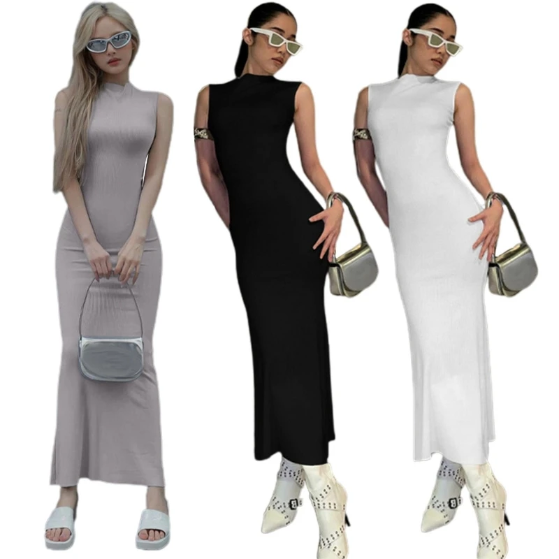 

Sleeveless Women Dress Round Neck Solid Color Dress High Waist Dress for Summer