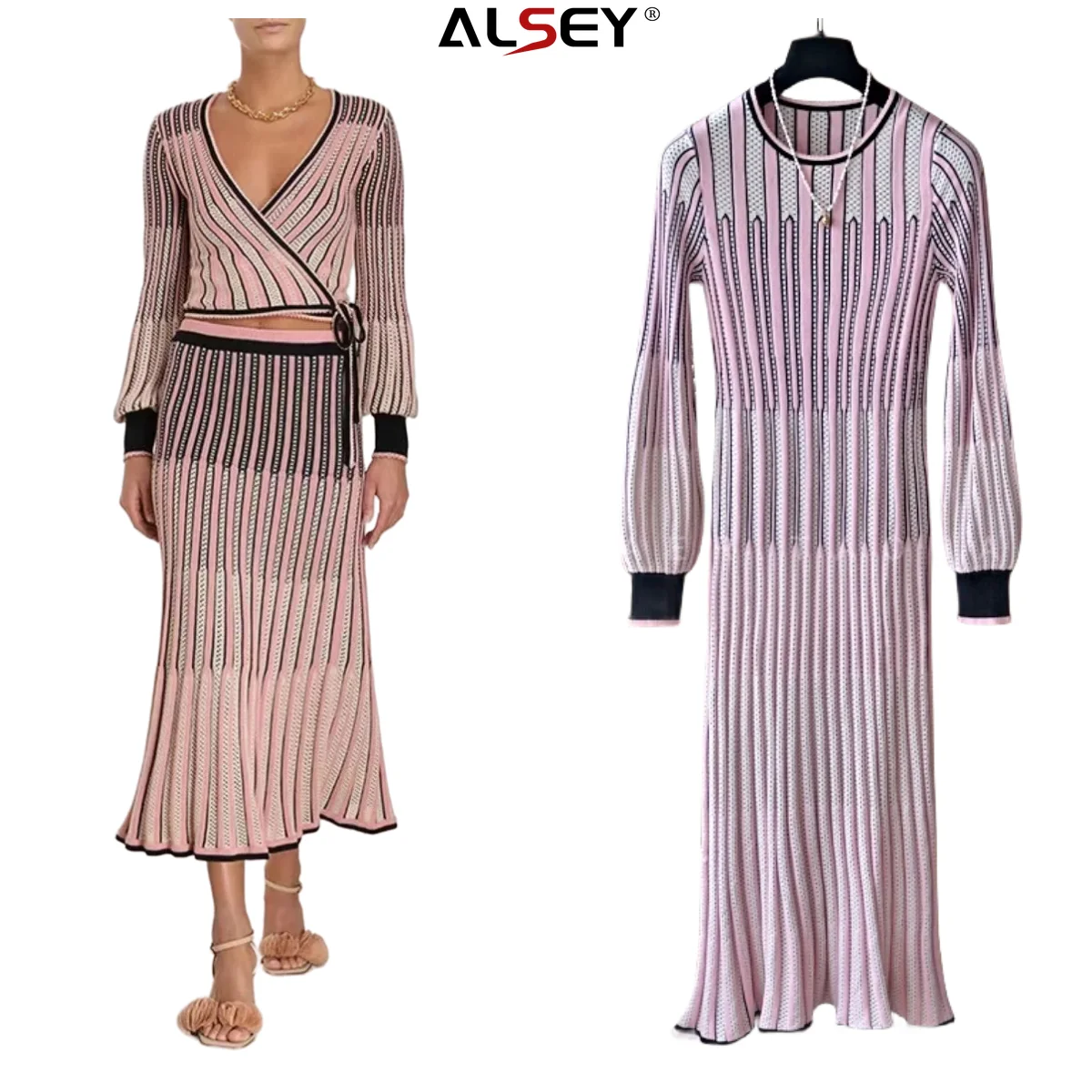 

ALSEY Autumn New Women's Half Skirt Set Fashion Long Sleeve Cardigan Tie Up Top Knitted Elastic Waist Half Skirt Two Piece Set