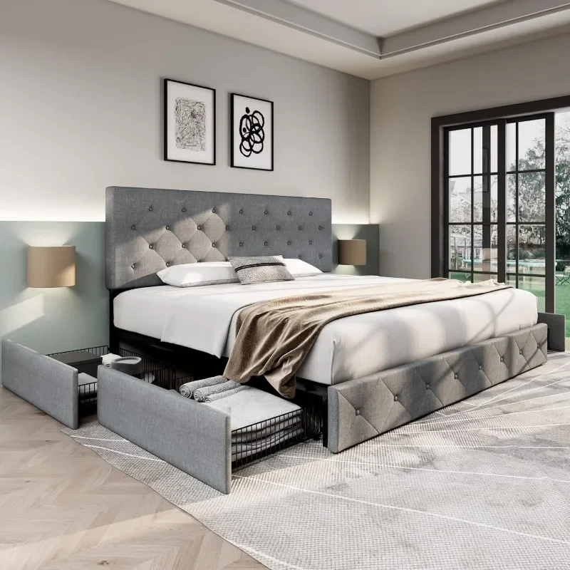 Upholstered King Size Platform Bed Frame with 4 Storage Drawers and Headboard Diamond Stitched Button Tufted No Box Needed Grey