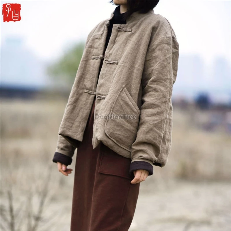 simple plain retro literature art zen coat winter improved fashionable warm cotton linen garment casual versatile daily top