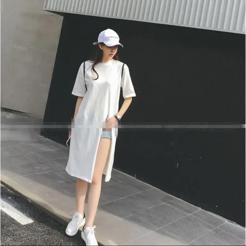 Women T-shirts 2023 Summer Short Sleeve O Neck Loose Tees Hem Slit Solid Color Chic Casual Streetwear Tops - 3