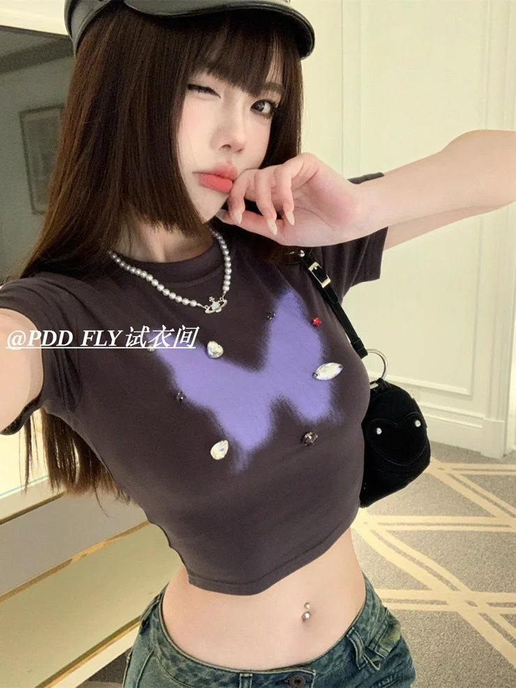

American Retro Butterfly Print Shoulder Cotton Short Sleeve T-shirt Women