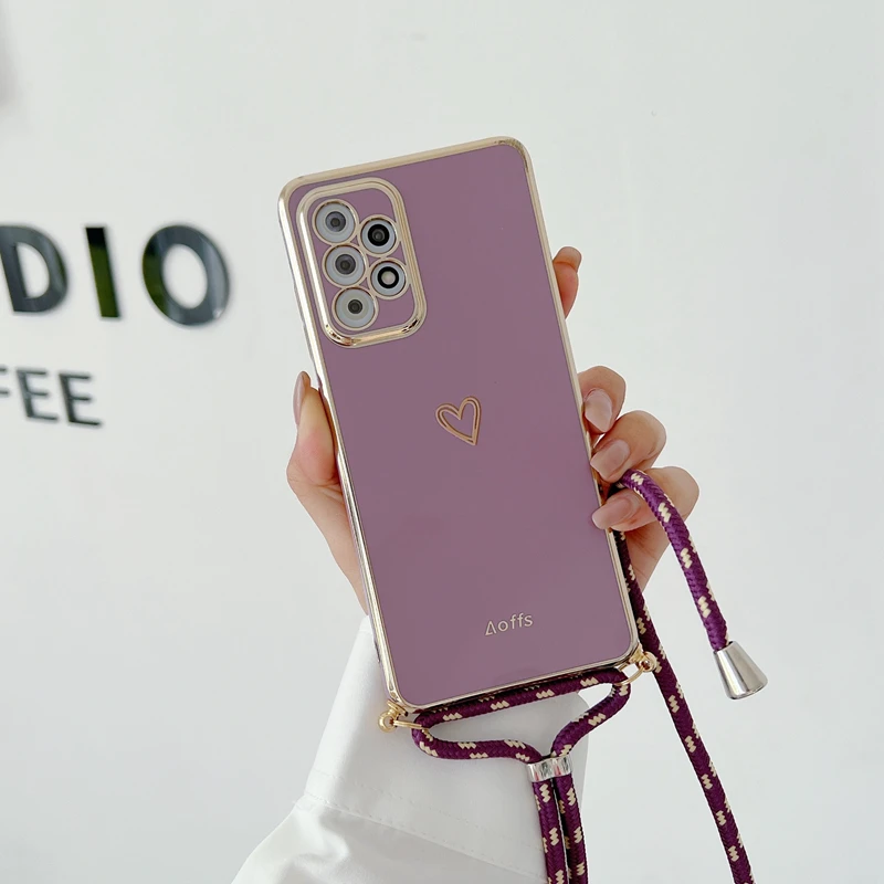 Elegant Love Heart Crossbody Lanyard Strap Plating Case Cover
