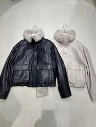 Genuine Leather Casual Style Fur Decorated Short Jacket