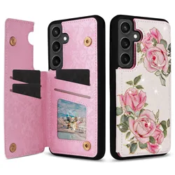 Premium RFID Blocking Wallet Phone Case - Universal Design - Galaxy S23+ (Rose flower)