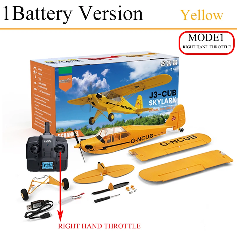 New J3-CUB RC Airplane 5CH 2.4G Remote Control Mode1 (Right Hand Throttle) 3D/6G 1406 Brushless Motor Outdoor Foam Fiexd_voghion.com