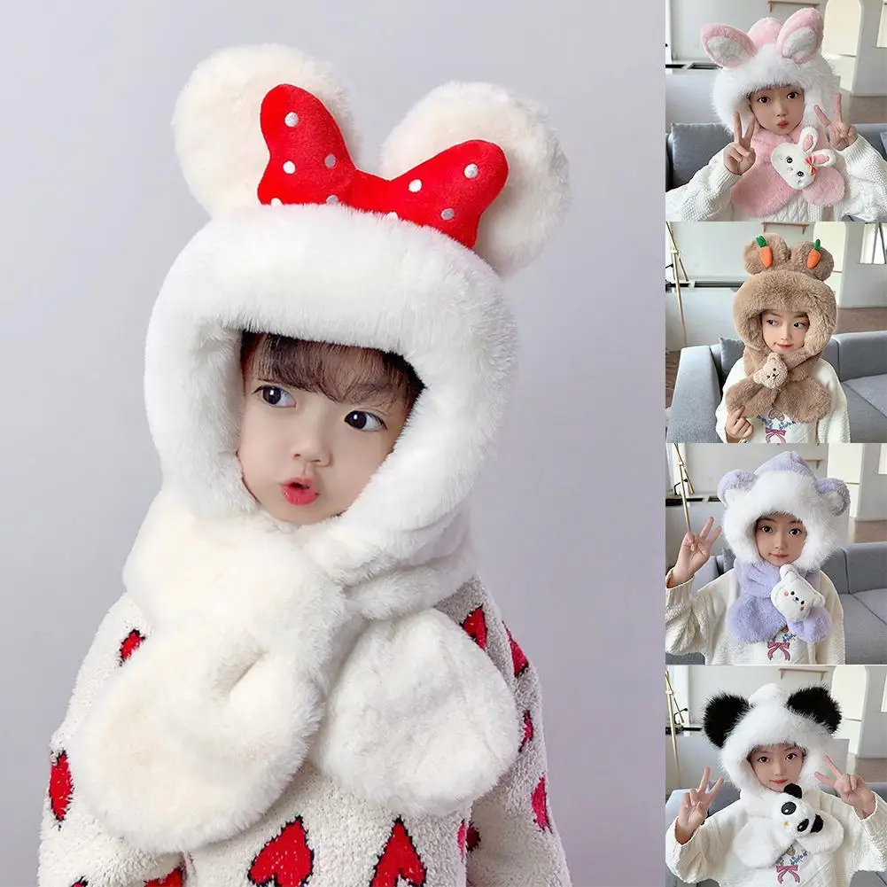 

Plush Hat Autumn Winter Cute Children Cartoon Scarf Cap All In One Warmth Boy Girl Adult Parent-child Baby Hat For Boys And Girl