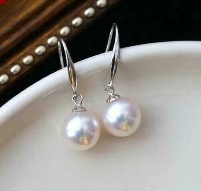 

Perfect Round AAAAA 9-10mm True White AKOYA Pearl Earrings in 14K White Gold