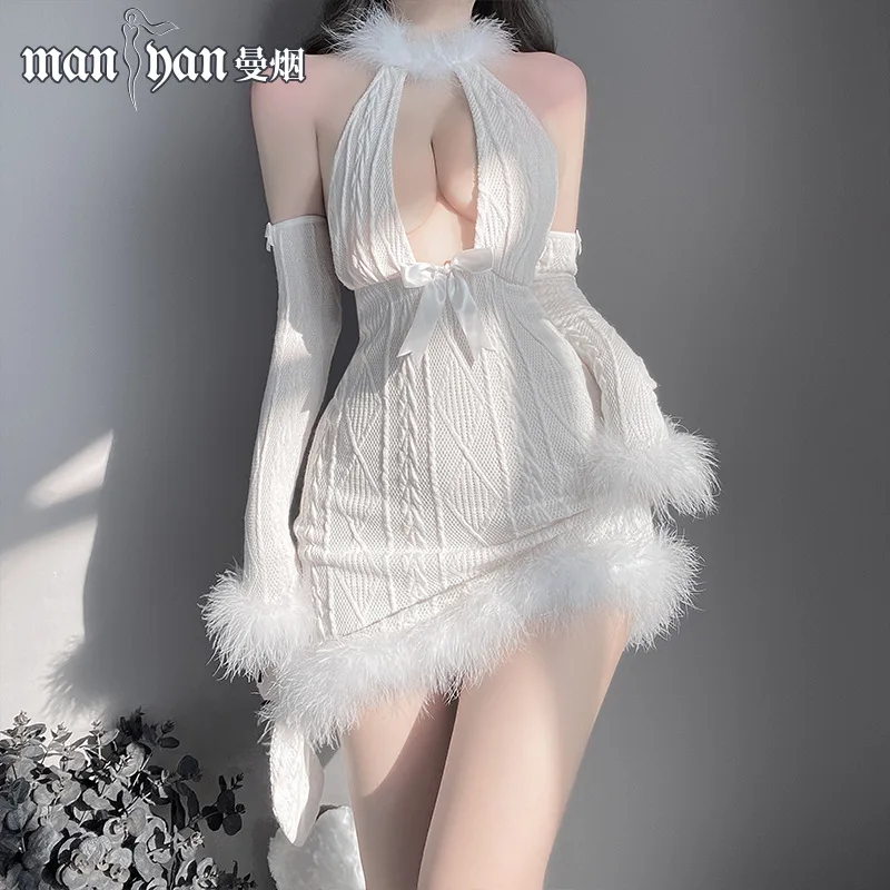 Lolita Cosplay Costumes Bunny Girl Halter Backless Plush Slim Tight Mini Dress Hollow Out Kawaii Furry Sheep