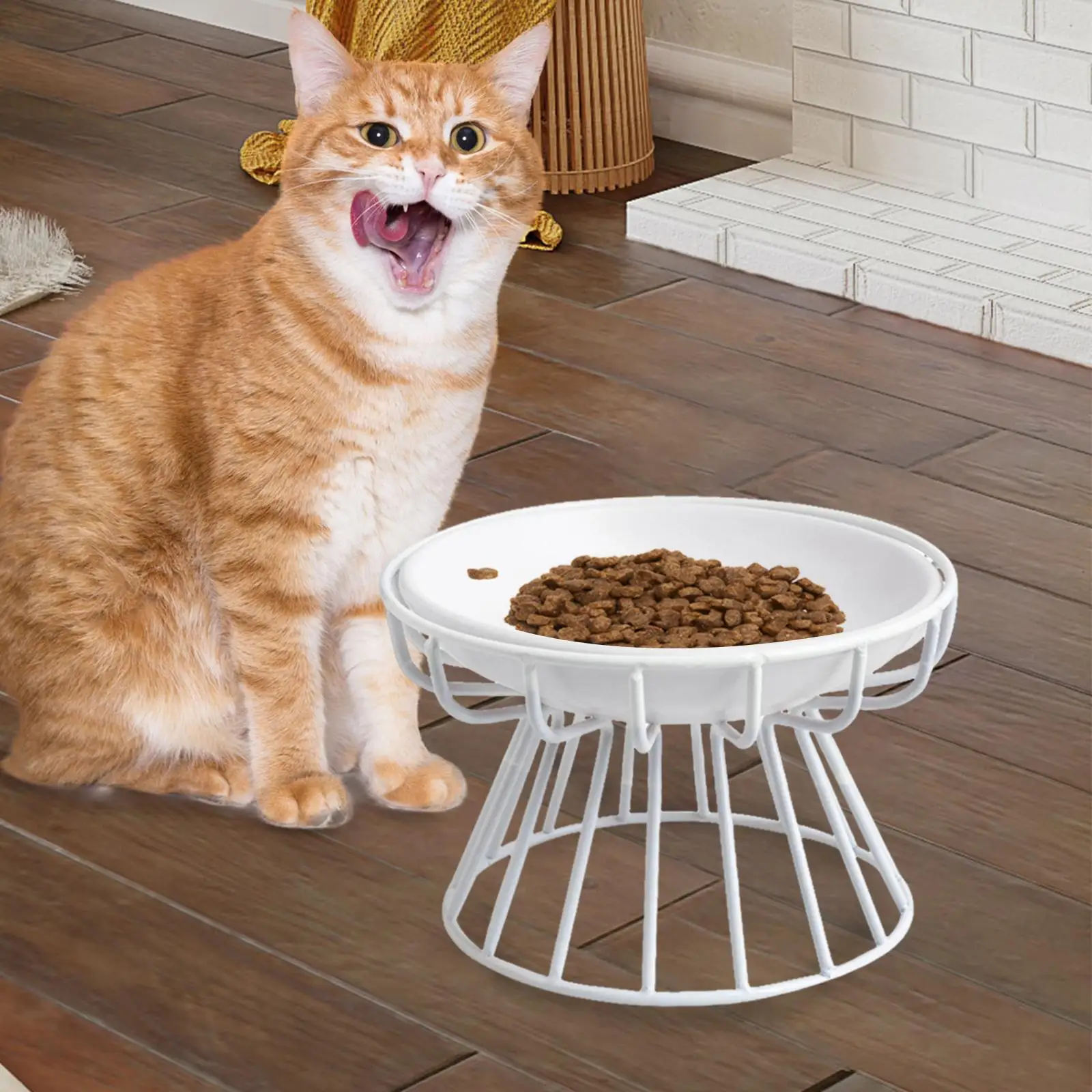 Comedero elevado para gatos, plato de cerámica, rejilla de hierro, accesorio resistente, cuenco minimalista para comida y agua para gatos, desmontable para comida seca y húmeda