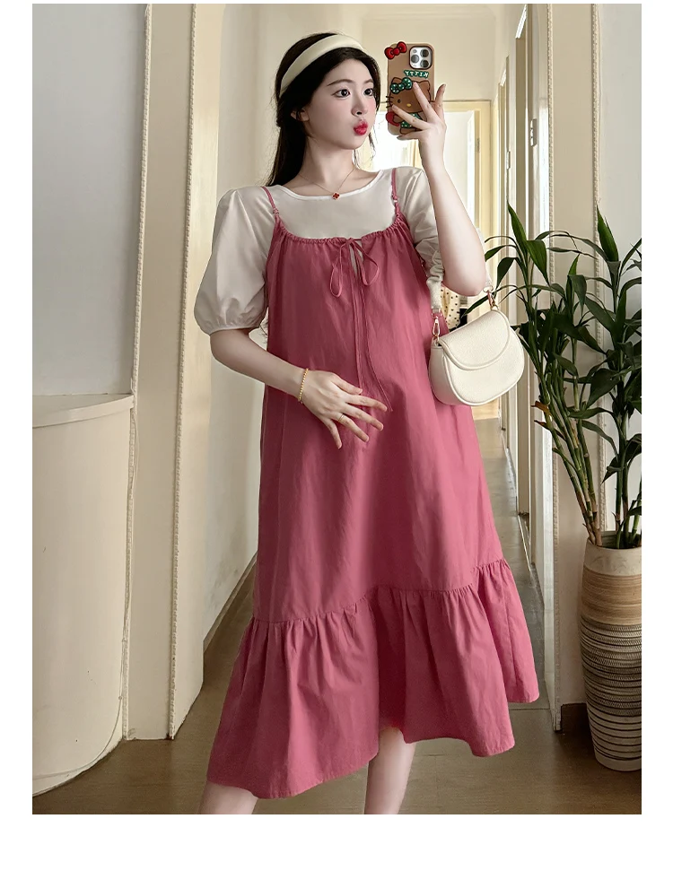 

Summer New Style Loose Maternity Clothes Set Short Sleeve Top+Strap Dress Two Piece Pregnant Women Suits Fishtail Dress Twinset