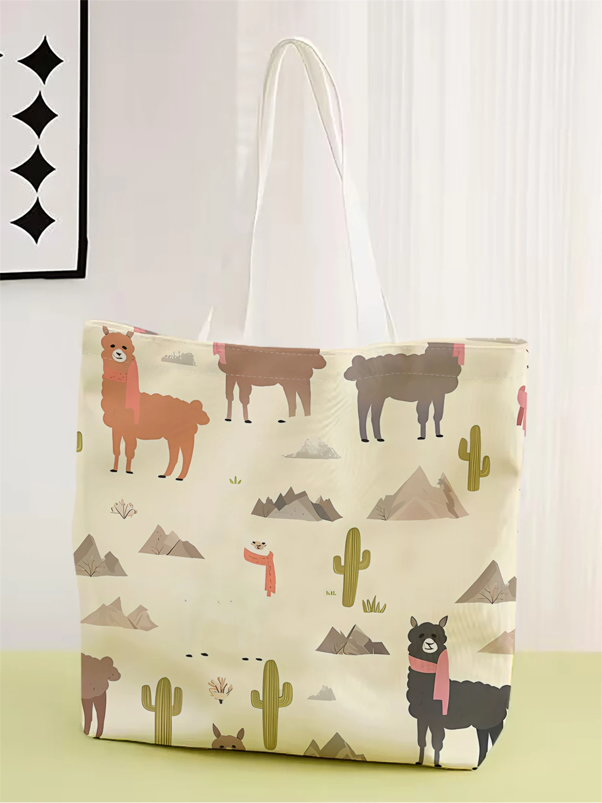 1pc,cartoon alpaca handbag, reusable fashionable handbag, multifunctional handbag, printed canvas shopping bag