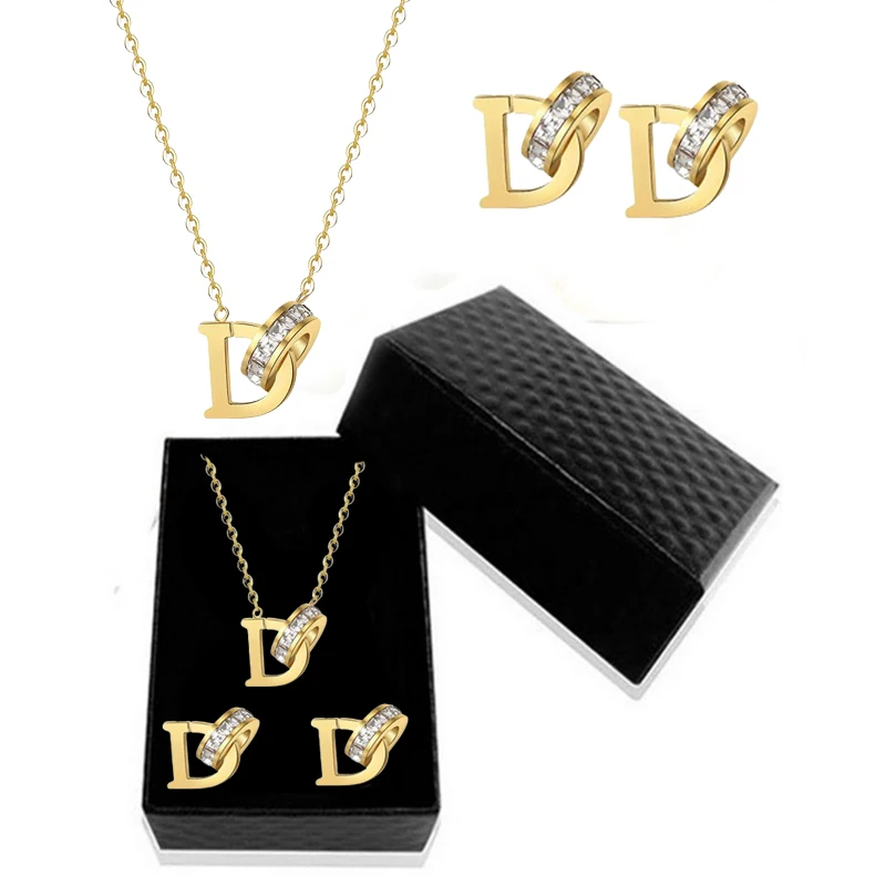 316L Stainless Steel AAA Zircon D Letter Jewelry Set Acero Inoxidable Ювелирные Наборы Zestawy Biżuterii