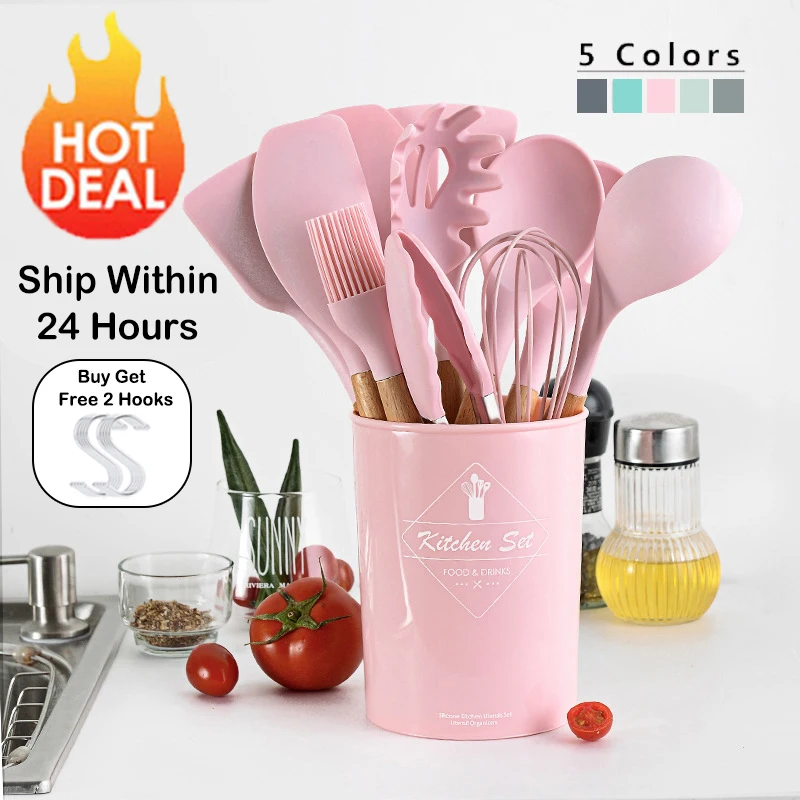 9-13Pcs Cooking Tools Set, Silicone Kitchen Utensils Set with Holder-Turner Soup Spoon Pasta Server Whisk Tongs Brush