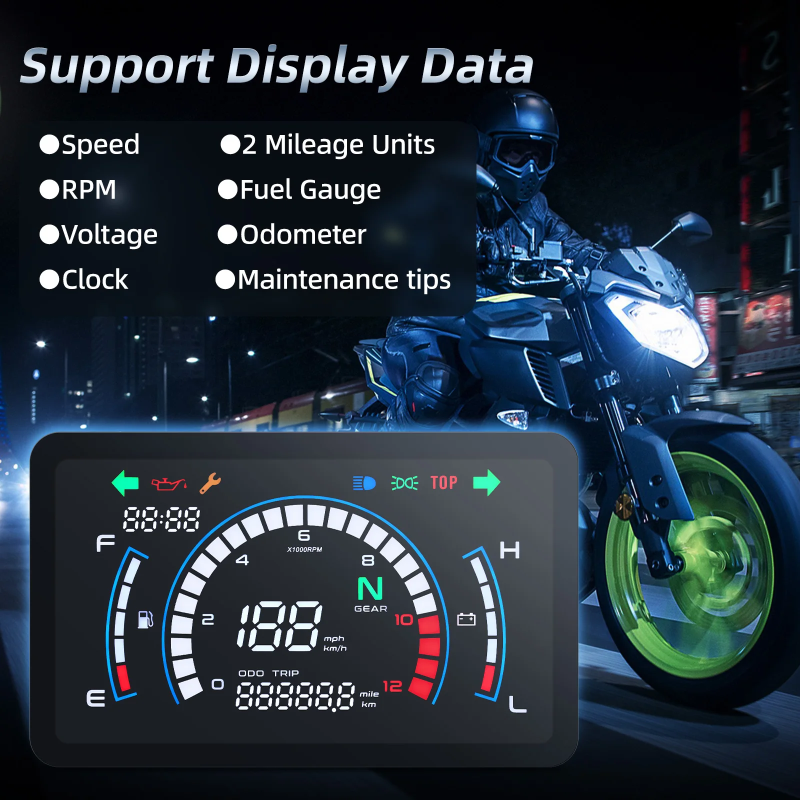 Motorcycle Digital Speedometer Voltage Fuel Gauge Motorbike Dashboard Full Digit