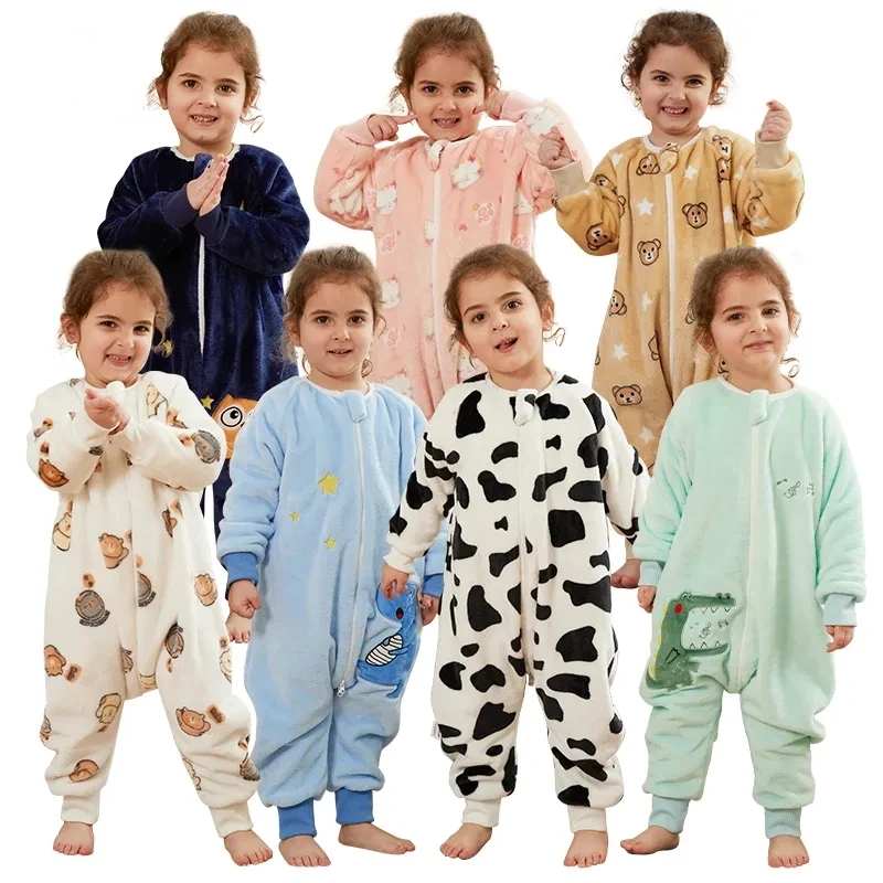 Kids Onesie Boys Girls Long Sleeve Flannel Pajamas Children Winter Cartoon Pyjama Baby Sleepwear 1-7 Years Sleeping Jumpsuits