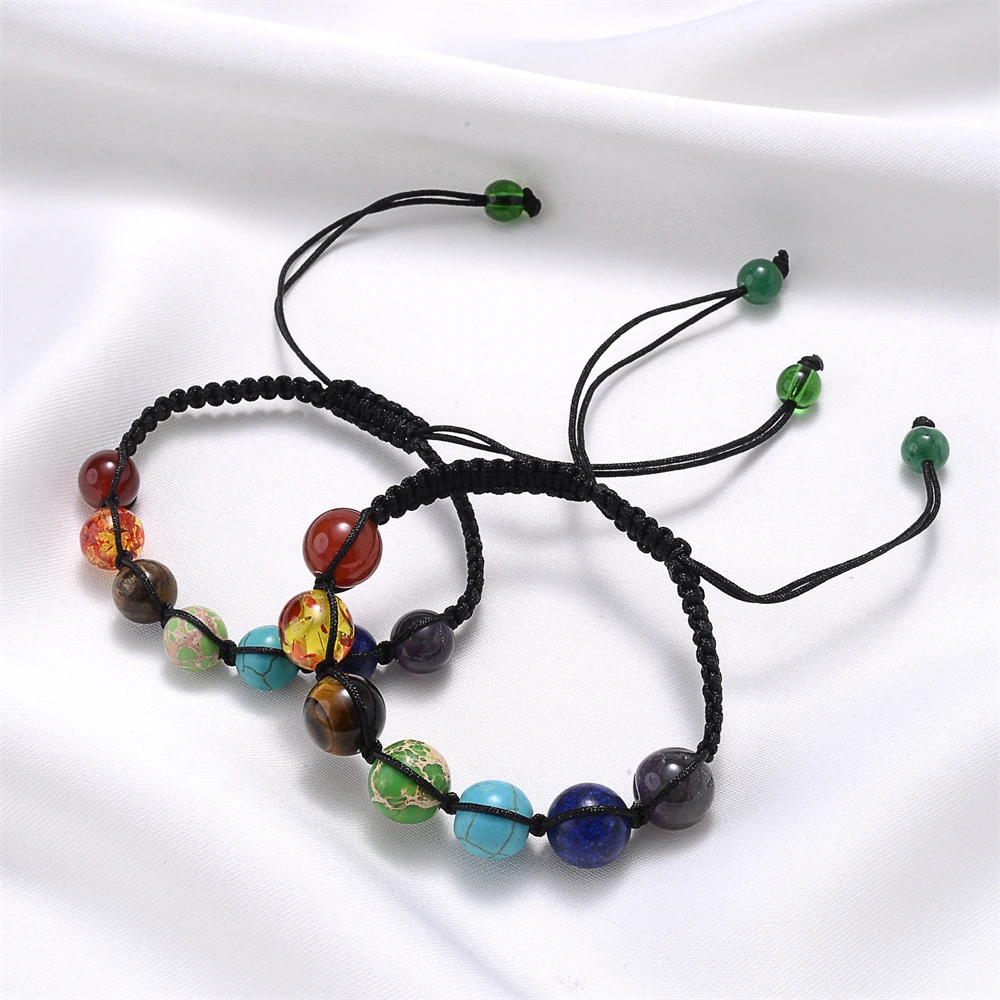 7 Chakra Natural Stone Beads Bracelet for Women Black Rope Braided Yoga Reiki Healing Balance Bracelets Bangles Meditation Gift