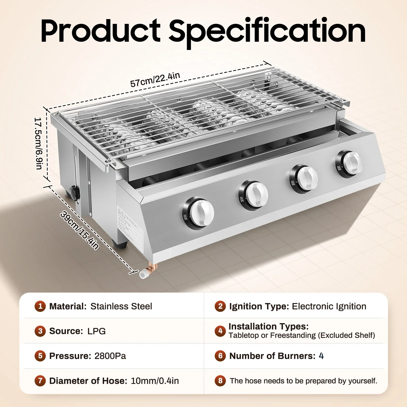 4 Burner Adjustable Height BBQ Grill for Outdoors
