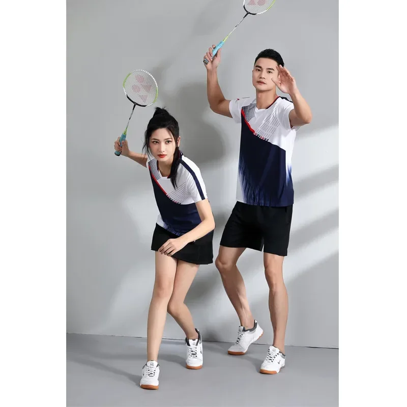 Spring New Badminton Sports Short Sleeve Uniforms Men's Women's Team Printed Shirts China Origin Ping Pong Matchwear