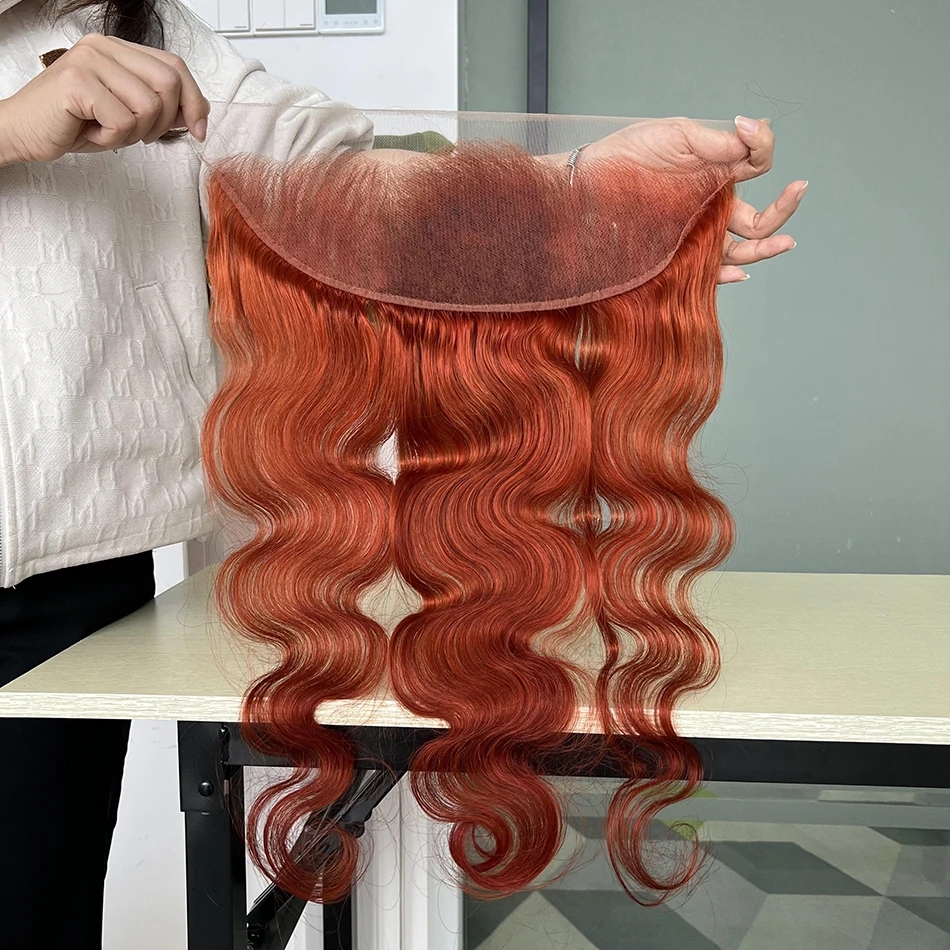 Body Wave #350 Colored 13x4 Transparent Lace Frontal Human Hair Orange Ginger Melt Skin Invisible Pre-Plucked Lace For Women