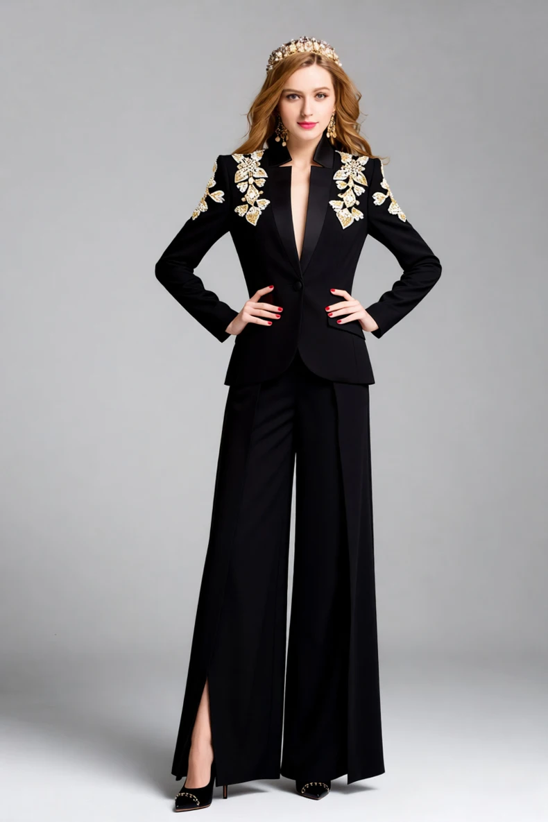 طقم بدلة نسائية سوداء وسراويل واسعة الساق مكون من...