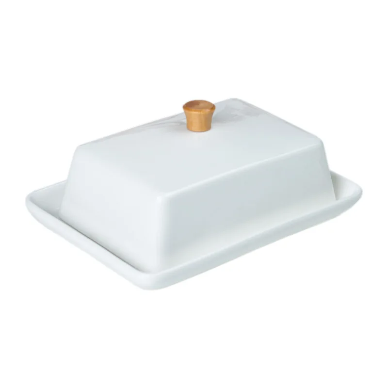 Ceramic bamboo wood butter dish with lid, cross-border rectangular Western style butter storage box set, bread and box