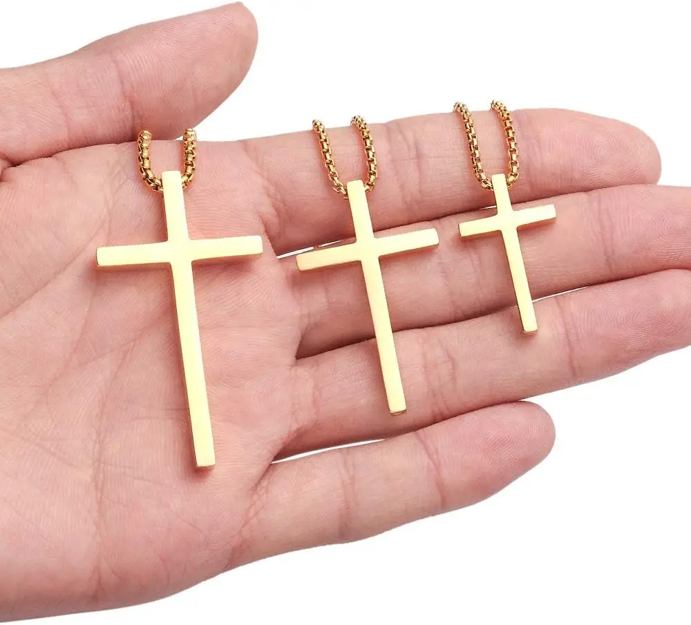 Unisex Stainless Steel Cross Pendant Necklace - Silver, Black, or Gold with 24 Box Chain