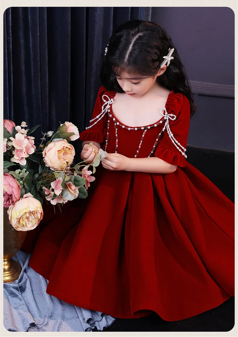 Luxury Evening Dresses 2023 For Girls Children Red Bridesmaid Dress For Weddings Kids Elegant Evening Ball Gown Teens Ve Color Red Kid Size 12M