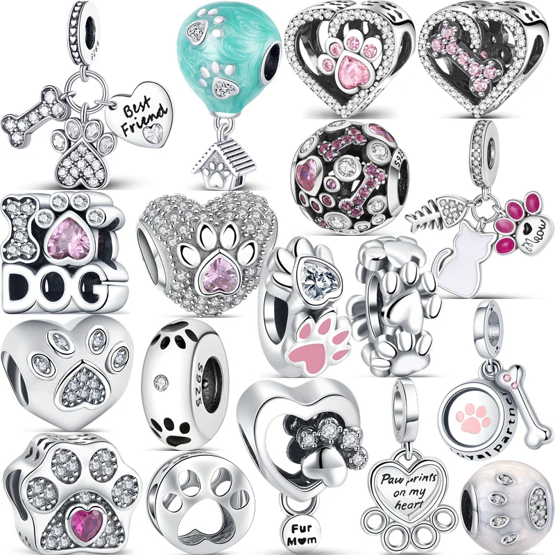925 Silver Puppy Cute Animal Paw Print Bones Pavé Sparkling Beads Fit Pandora Charms Bracciale Donna Original Design Jewelry Gift